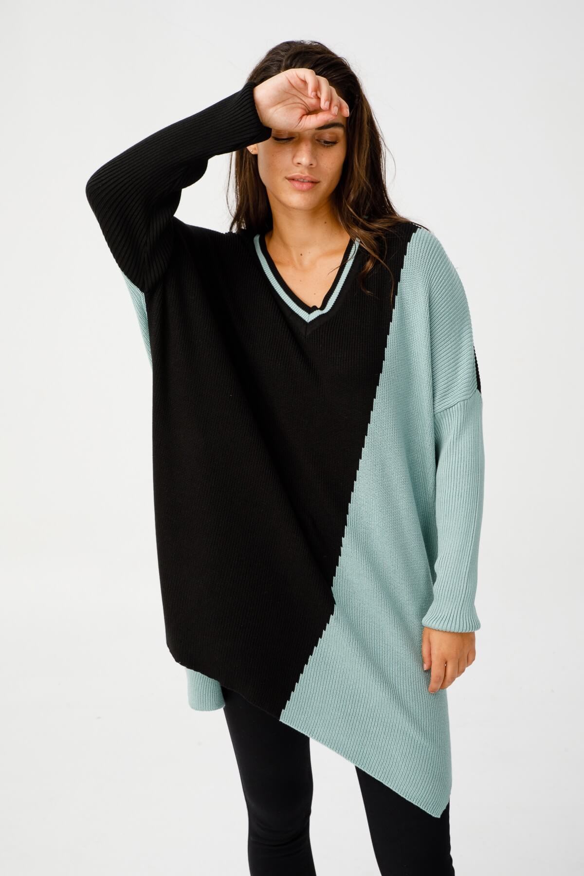 ON TRİKO Tunic Tunik İki Renkli V Yaka T Kol Triko  Mint