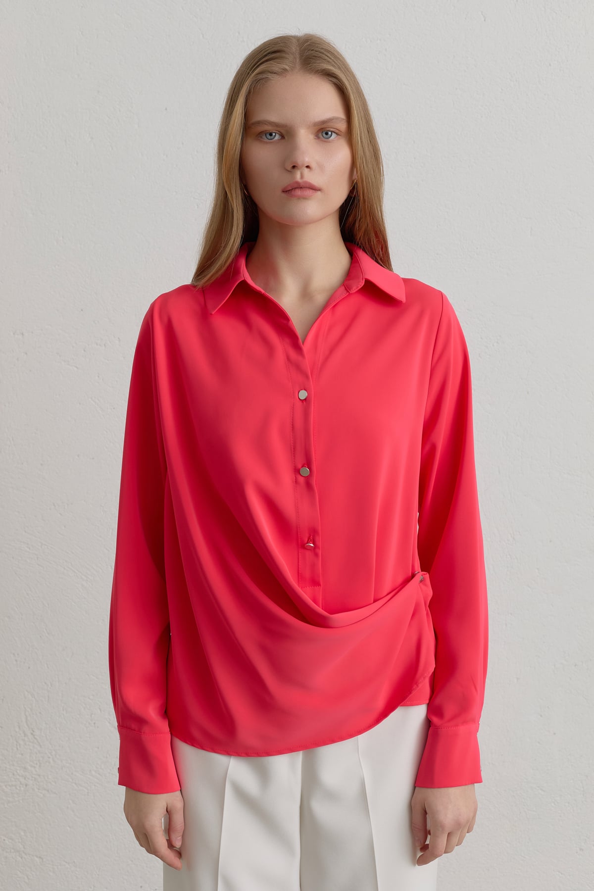 Önden Çıt Çıtlı Gömlek  Mercan