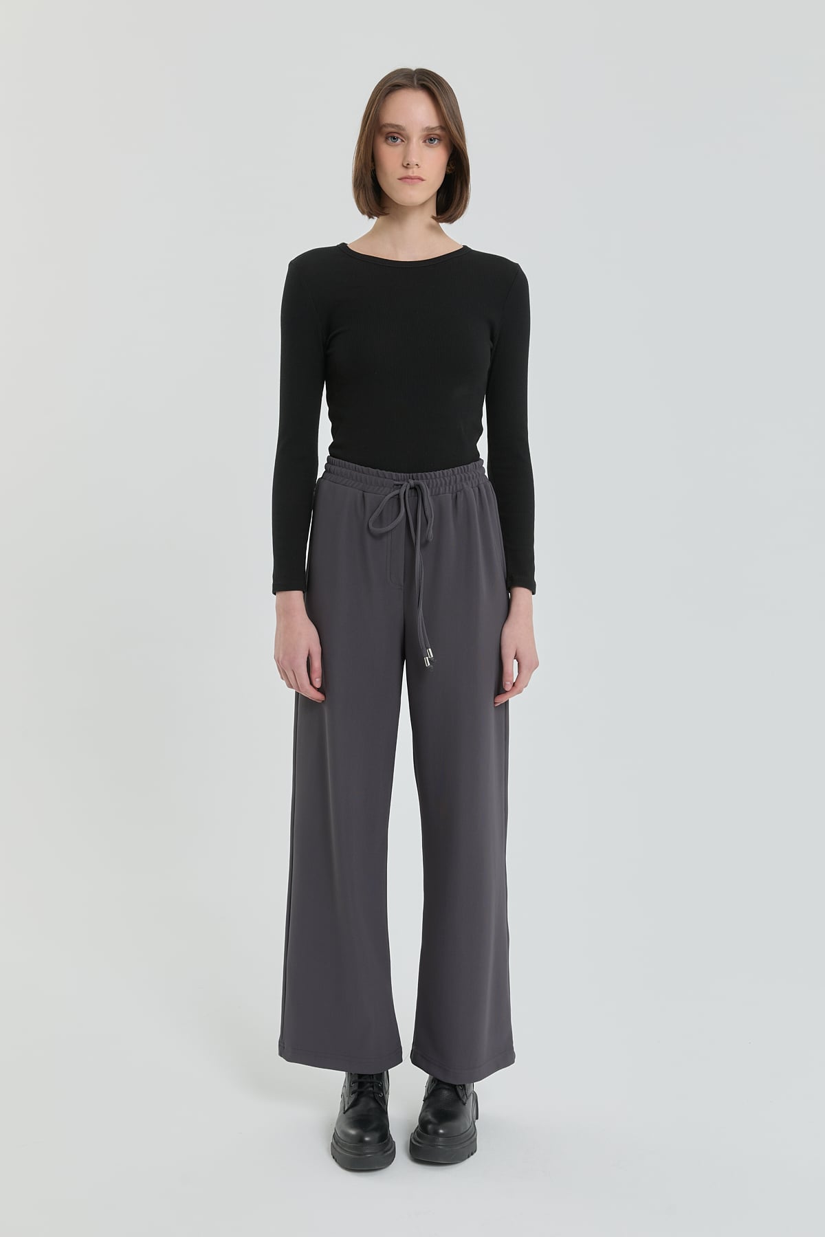 Örme Beli Lastikli Bol Paça Pantolon  Füme