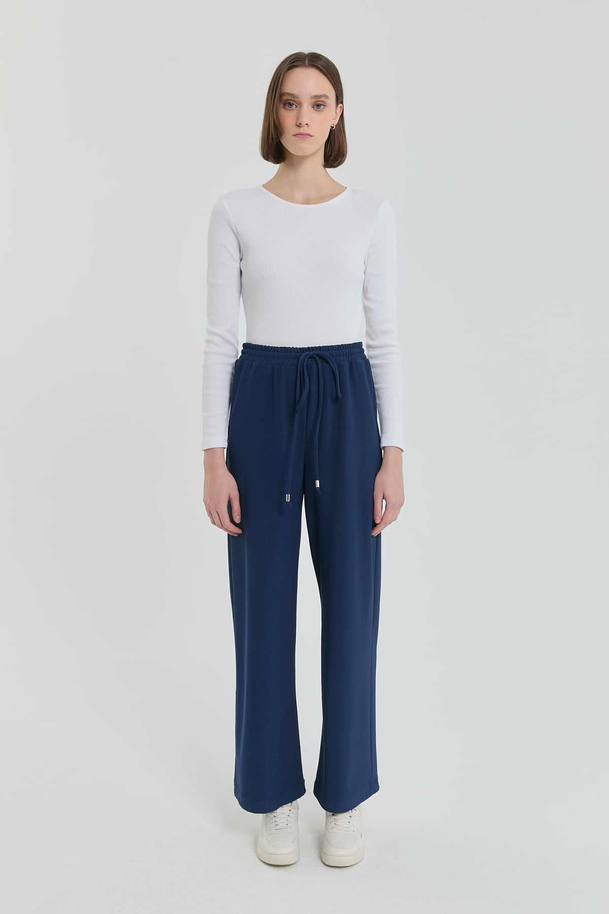 Örme Beli Lastikli Bol Paça Pantolon  Lacivert