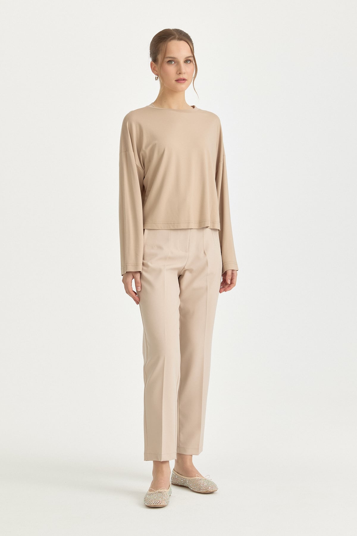 Örme Crop Bluz  Bej