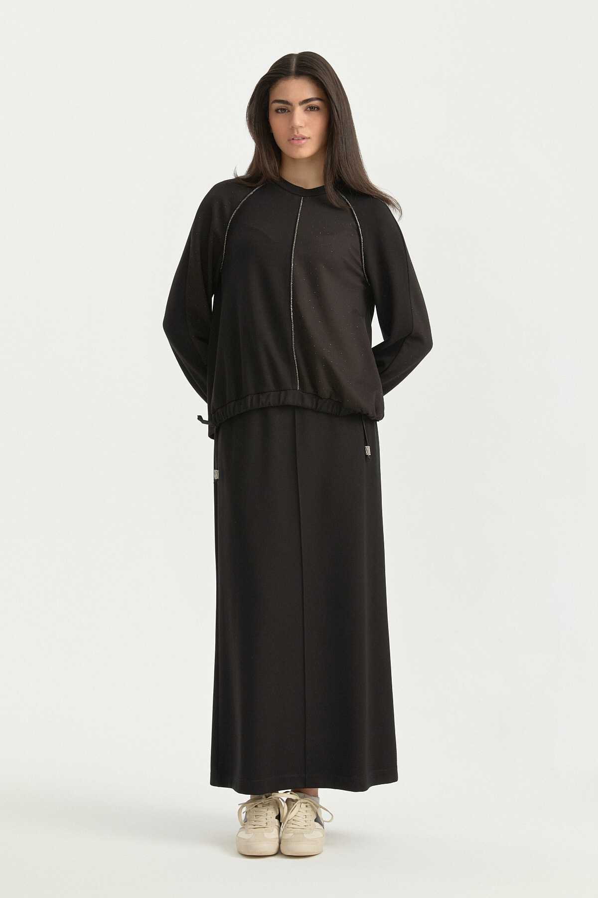 Parlak Taş Baskılı Örme Etek Bluz Takım  Siyah