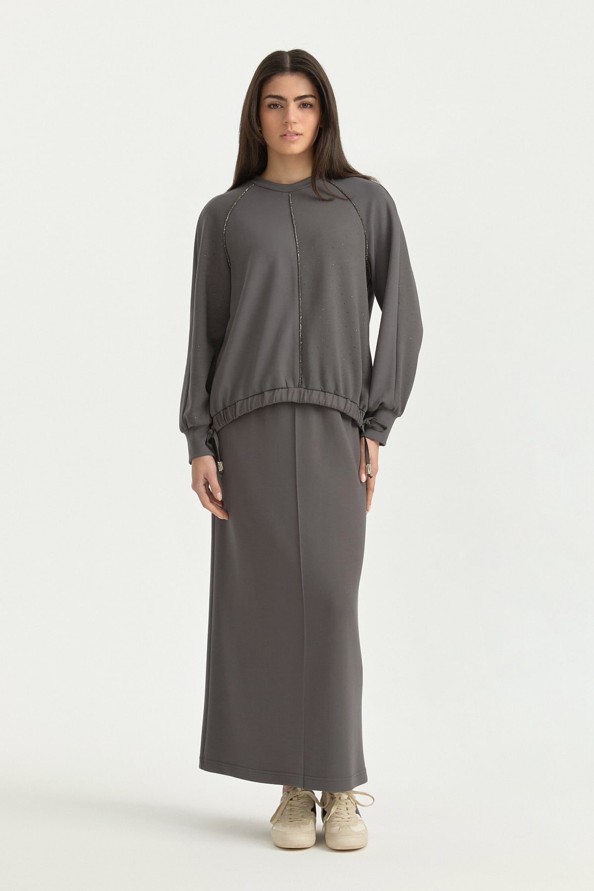 Parlak Taş Baskılı Örme Etek Bluz Takım  Füme