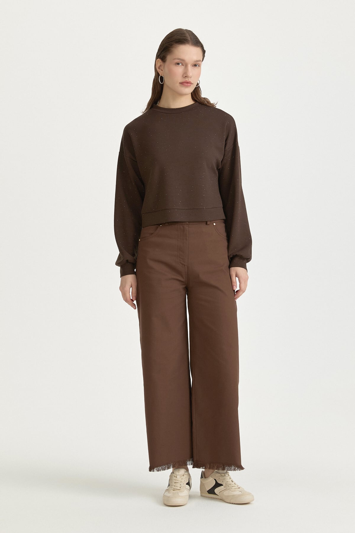 Parlak Taşlı Örme Crop Bluz  Kahve