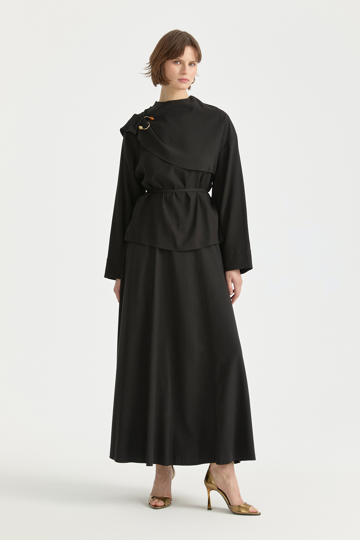 Pelerin Detaylı Tencel Etek Bluz Takım  Siyah