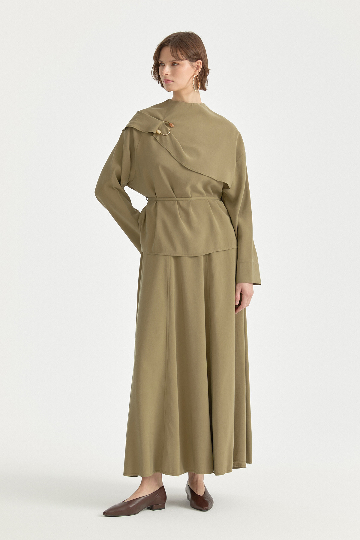 Pelerin Detaylı Tencel Etek Bluz Takım  Haki