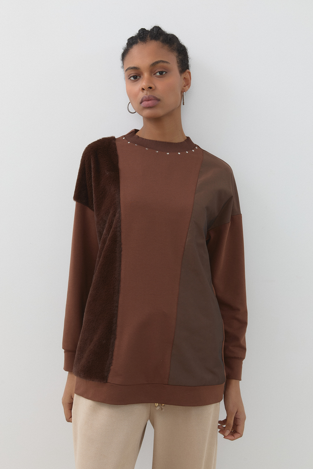 Peluş ve Kumaş Mixli Spor Sweat  Kahve