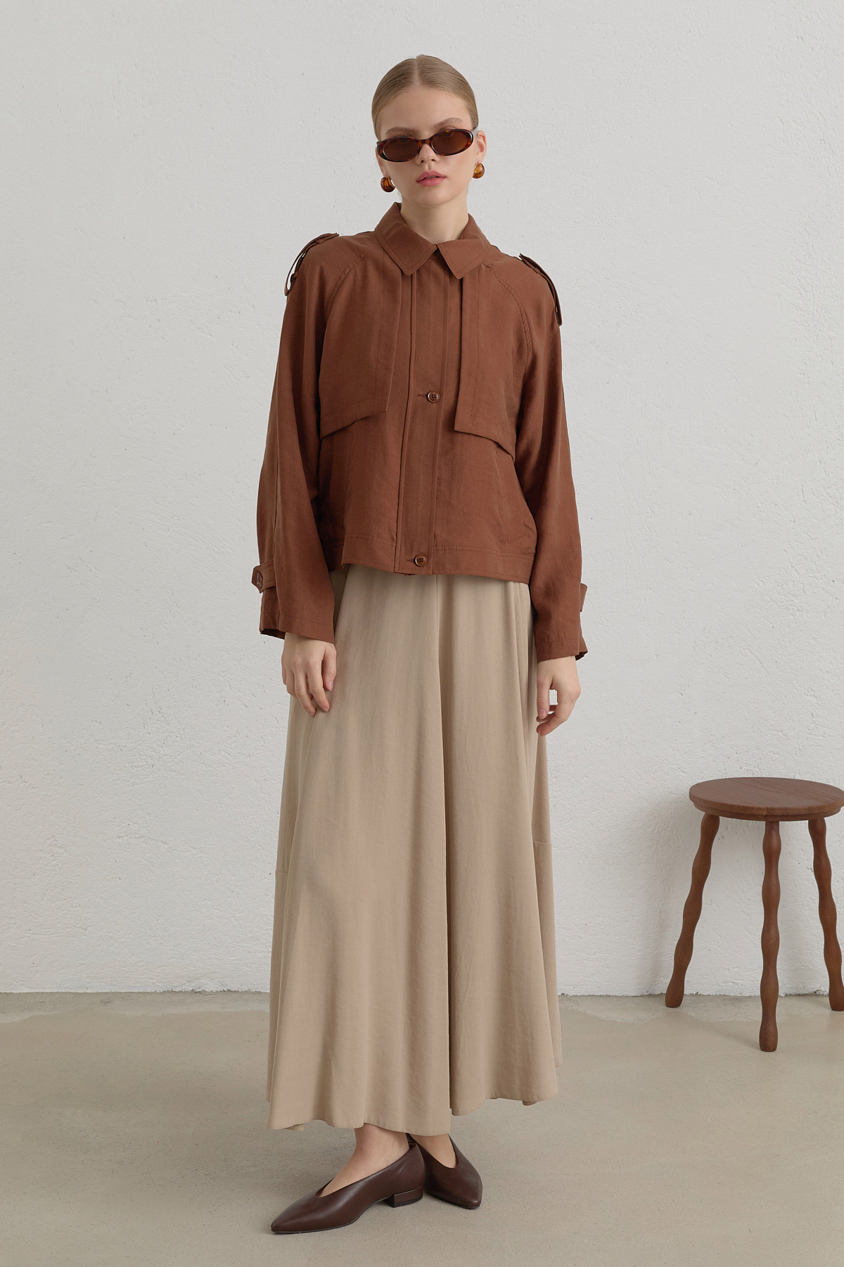 Pile Detaylı Lyocell Crop Ceket  Açık Kahve