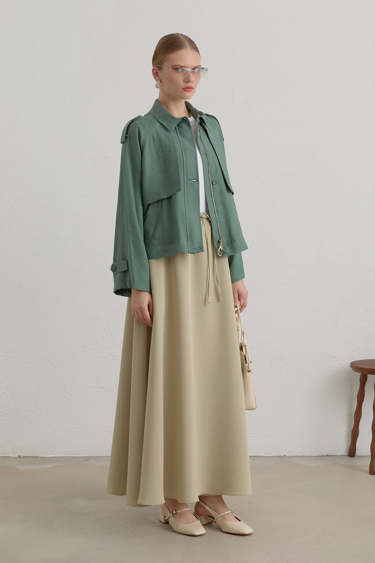 Pile Detaylı Lyocell Crop Ceket  Küf Yeşili
