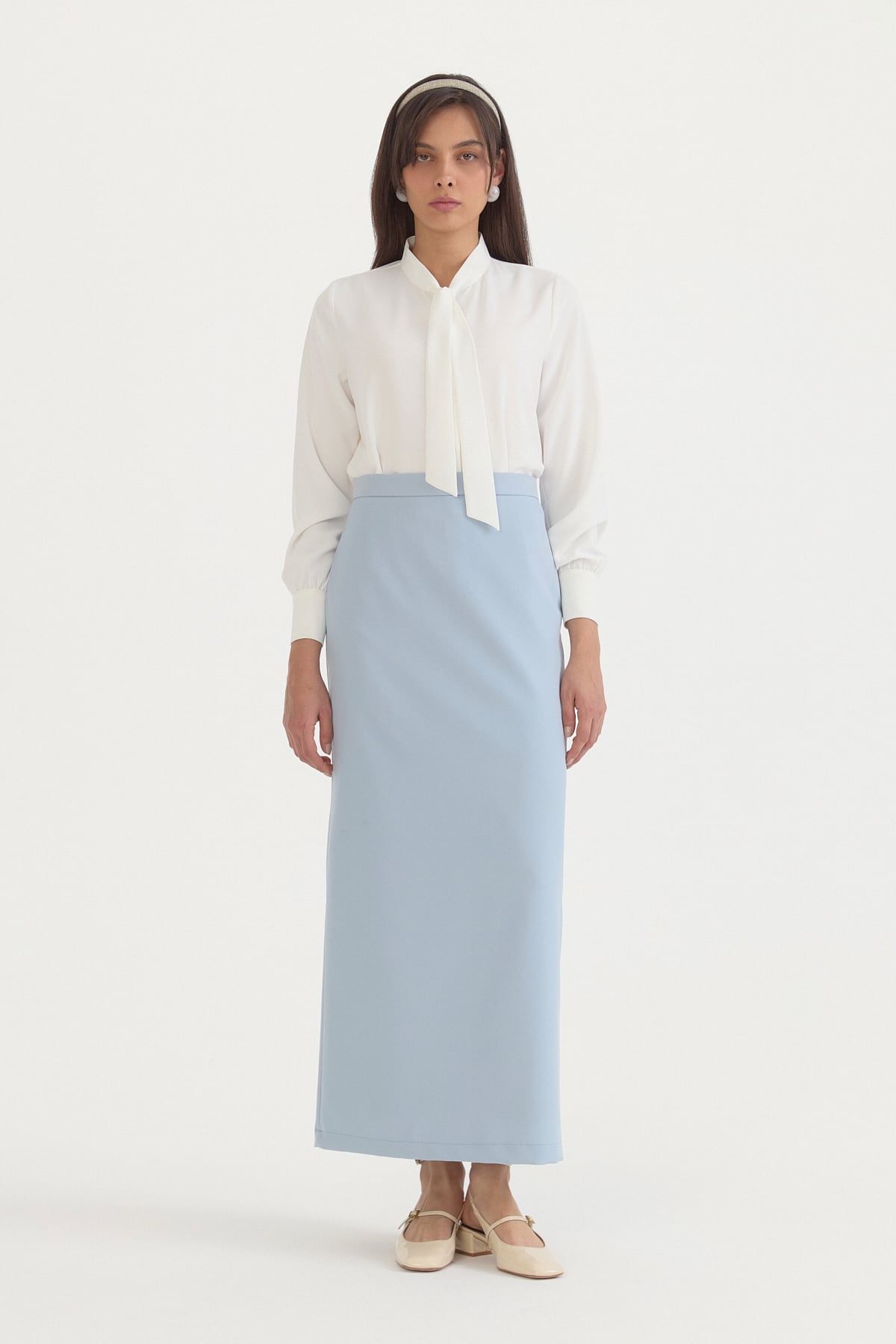 Pilikaşeli Kalem Etek  Açık Mavi