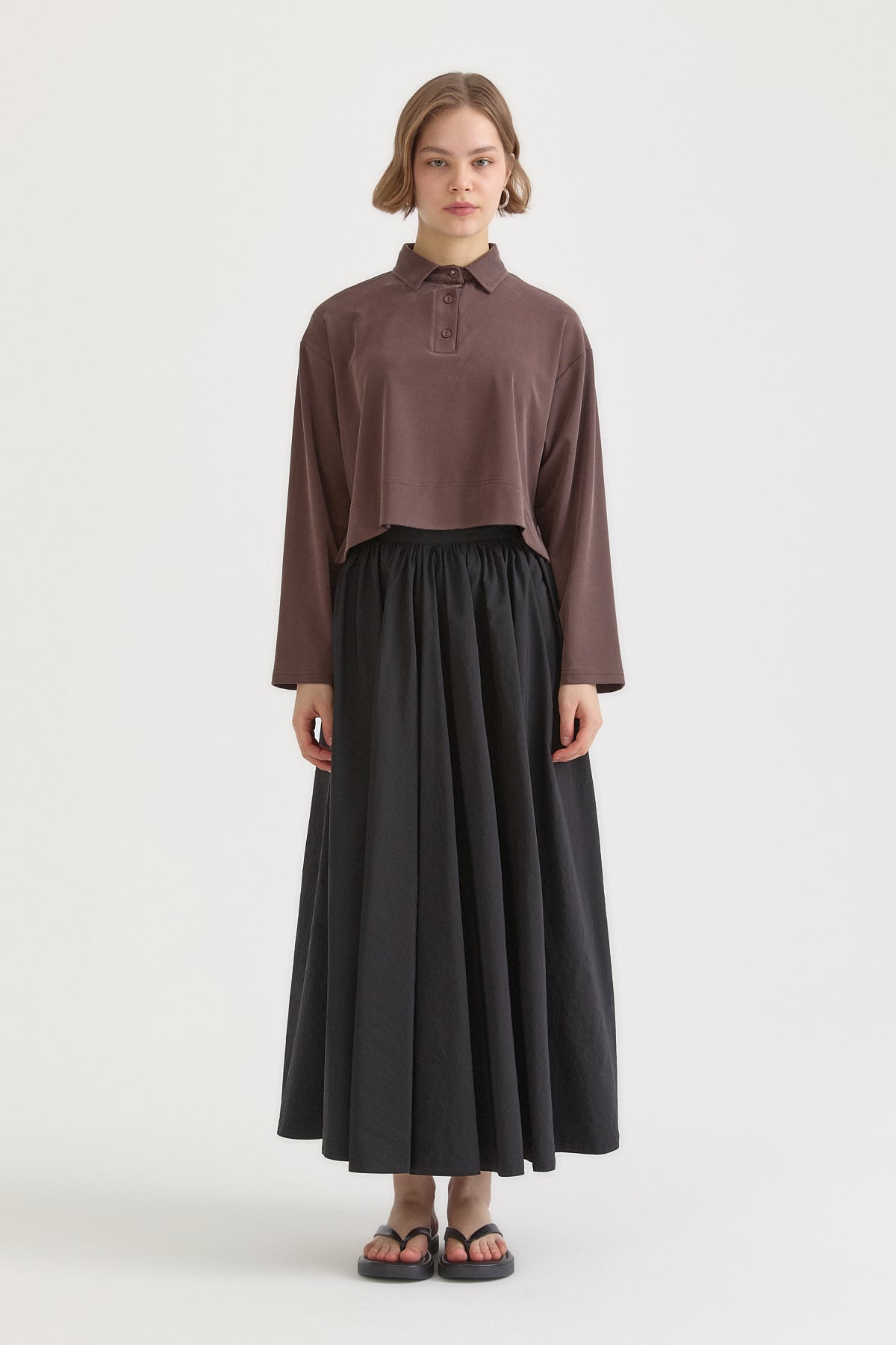 Polo Yaka Uzun Kollu Crop T-Shirt  Kahve