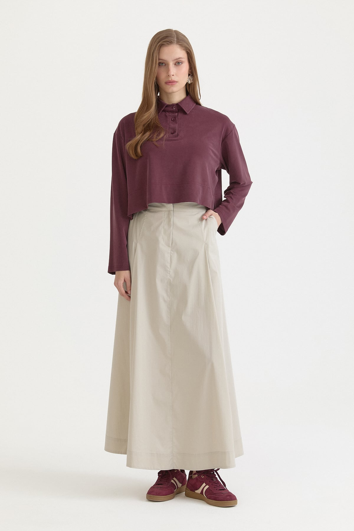 Polo Yaka Uzun Kollu Crop T-Shirt  Mürdüm