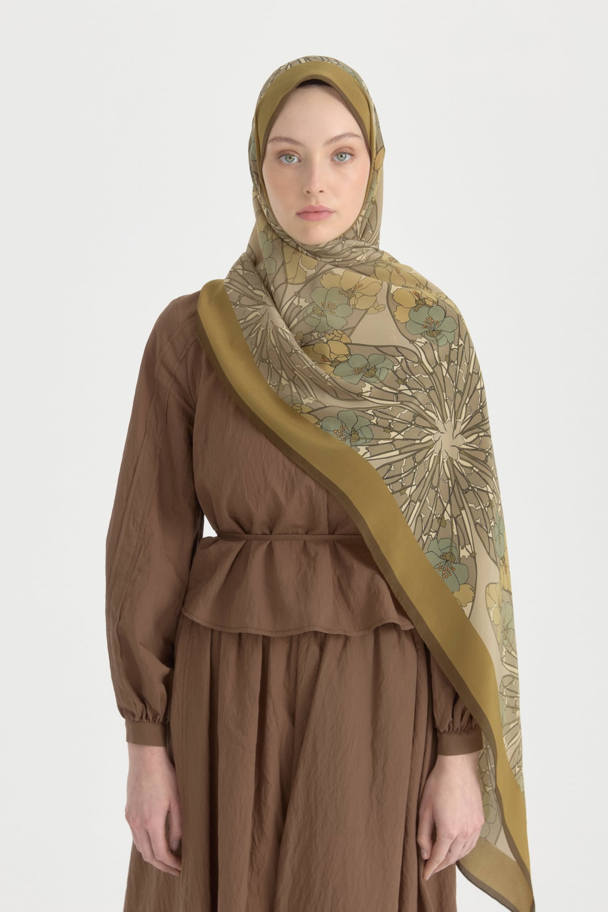Sahar Krep İpek Şal  Olive
