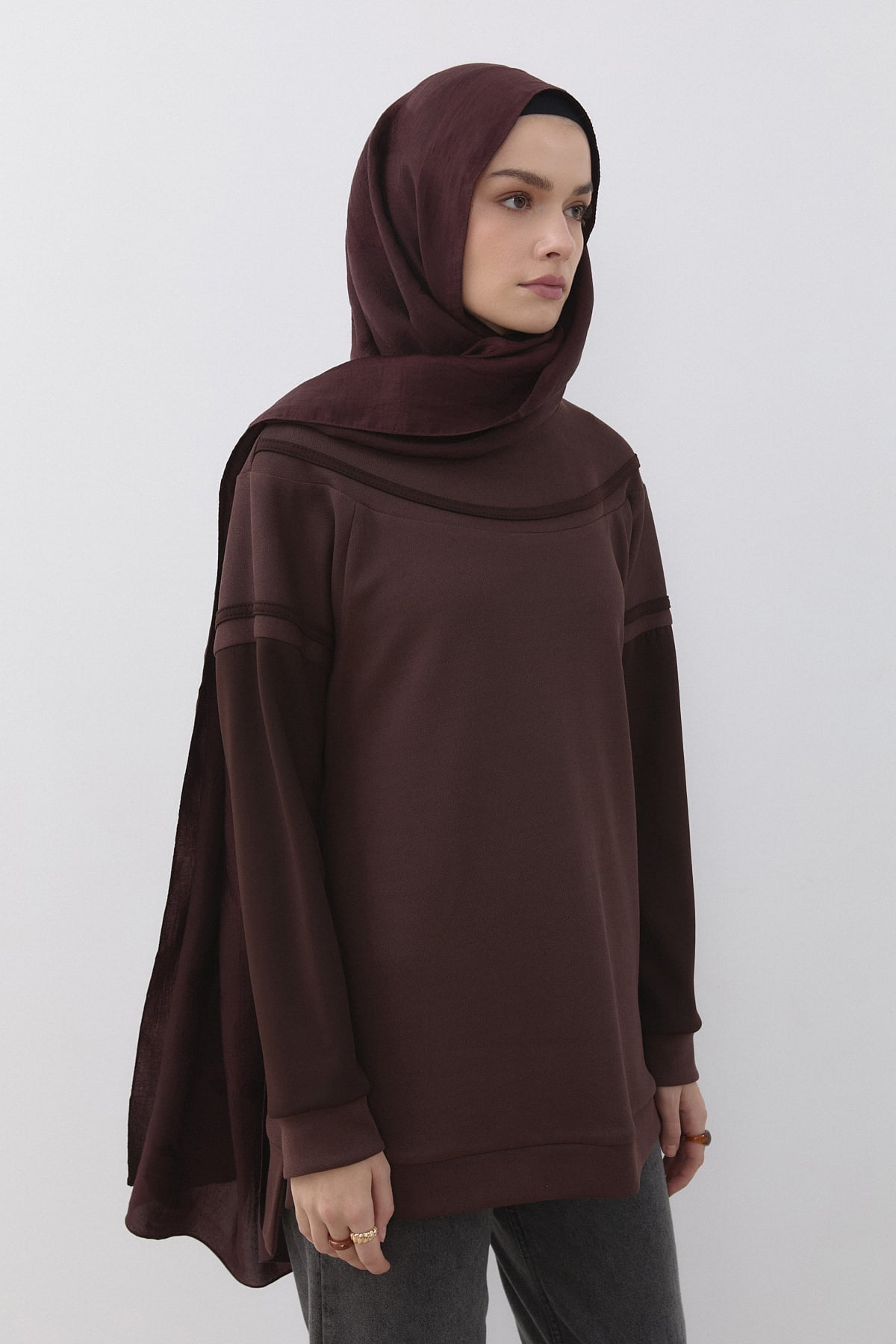 Şerit Detaylı Cupra Süet Sweat  Kahve