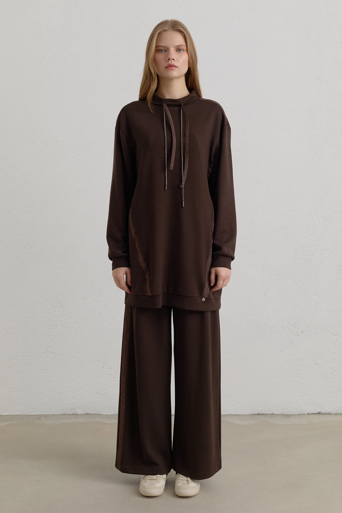 Taş Baskı Detaylı Örme Pantolon Tunik Takım  Kahve