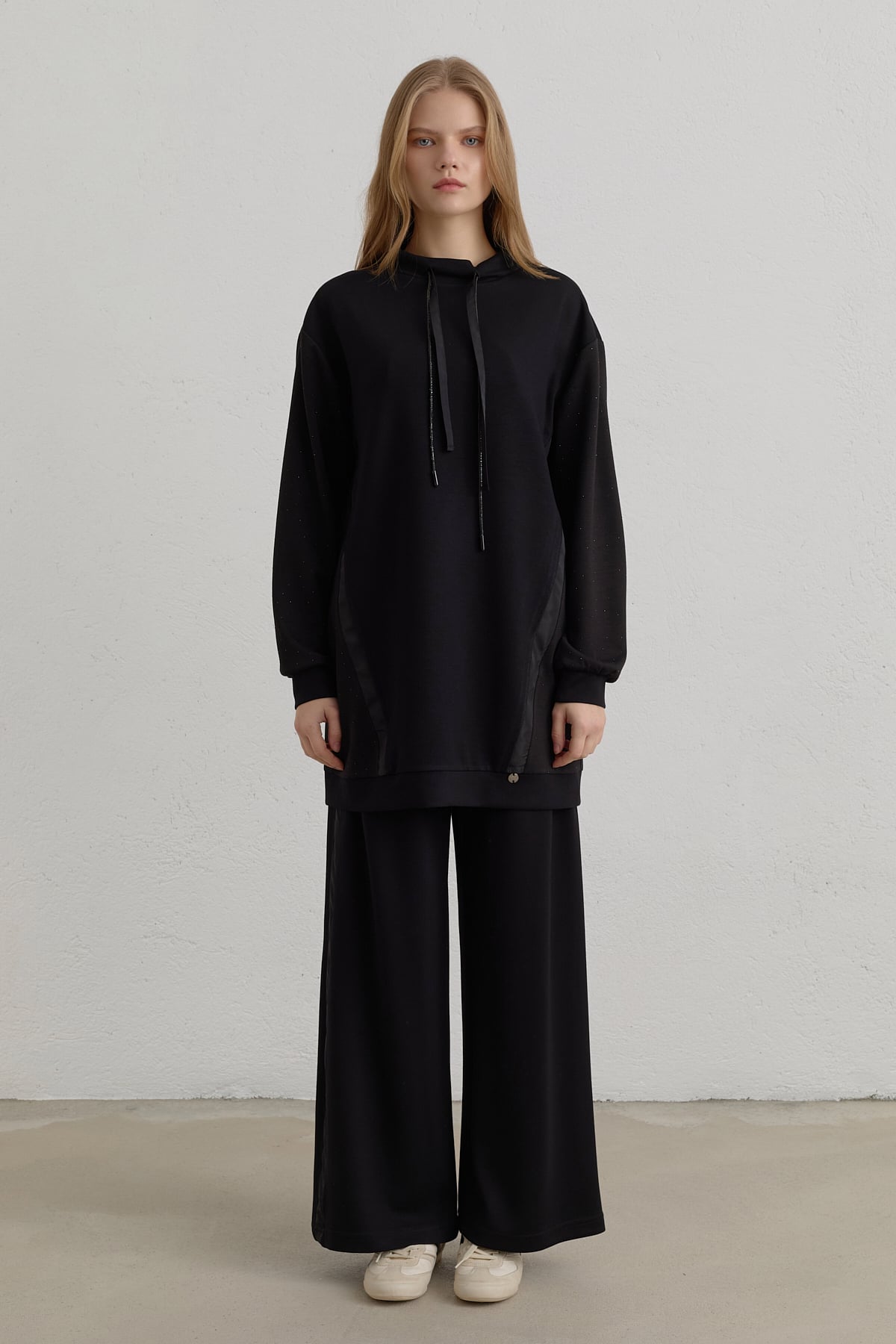 Taş Baskı Detaylı Örme Pantolon Tunik Takım  Siyah