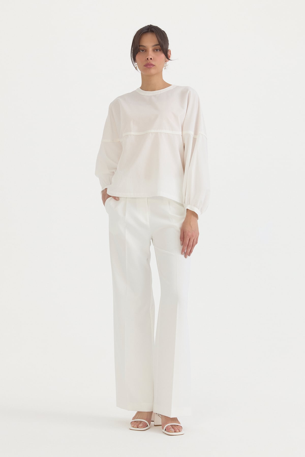 Tek Pile Yüksek Bel Palazzo Pantolon  Ekru
