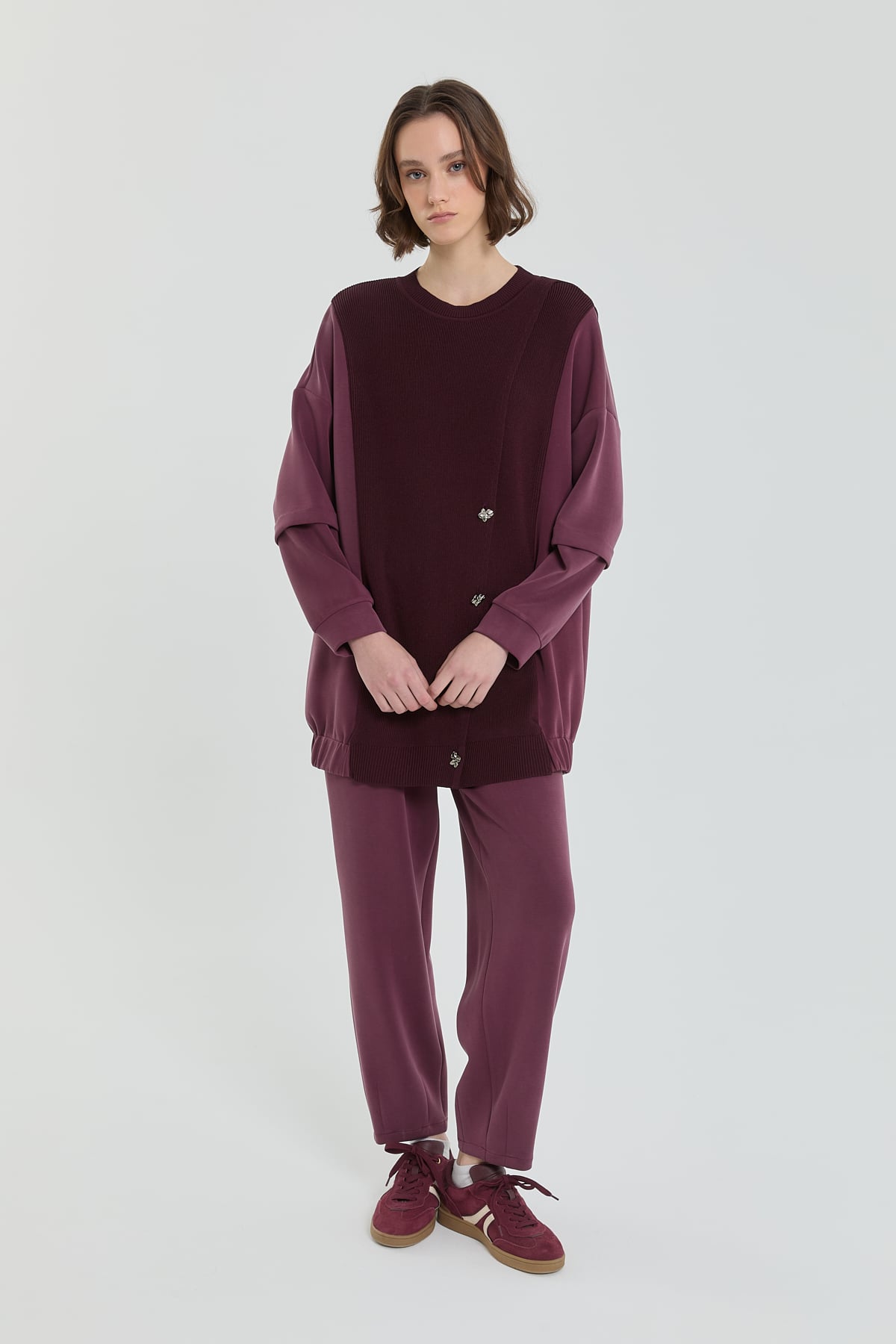 Triko Kombinli Örme Pantolon Tunik Takım  Bordo