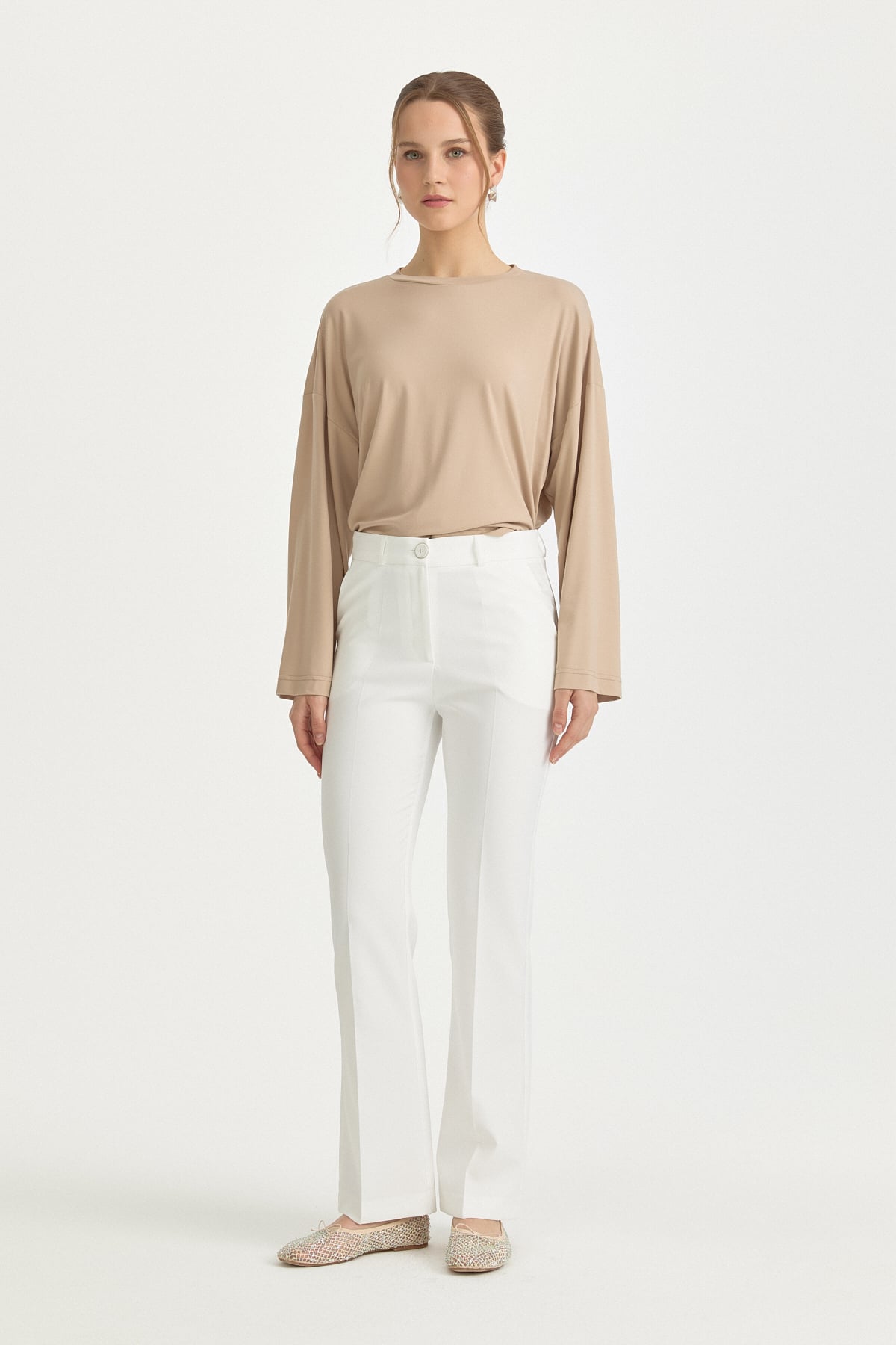 Ütü İzli İspanyol Paça Pantolon  Ekru