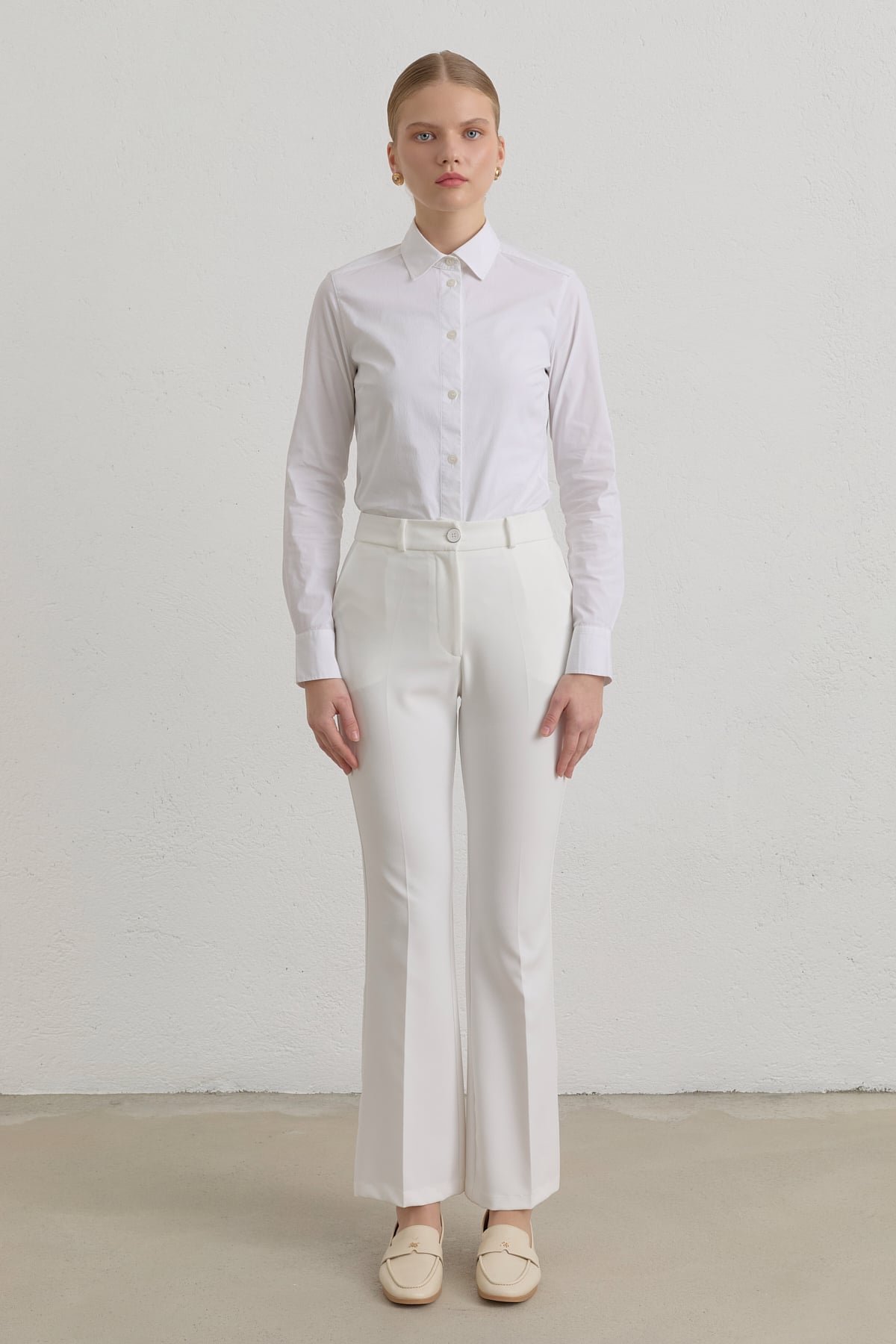 Ütü İzli İspanyol Paça Pantolon  Ekru