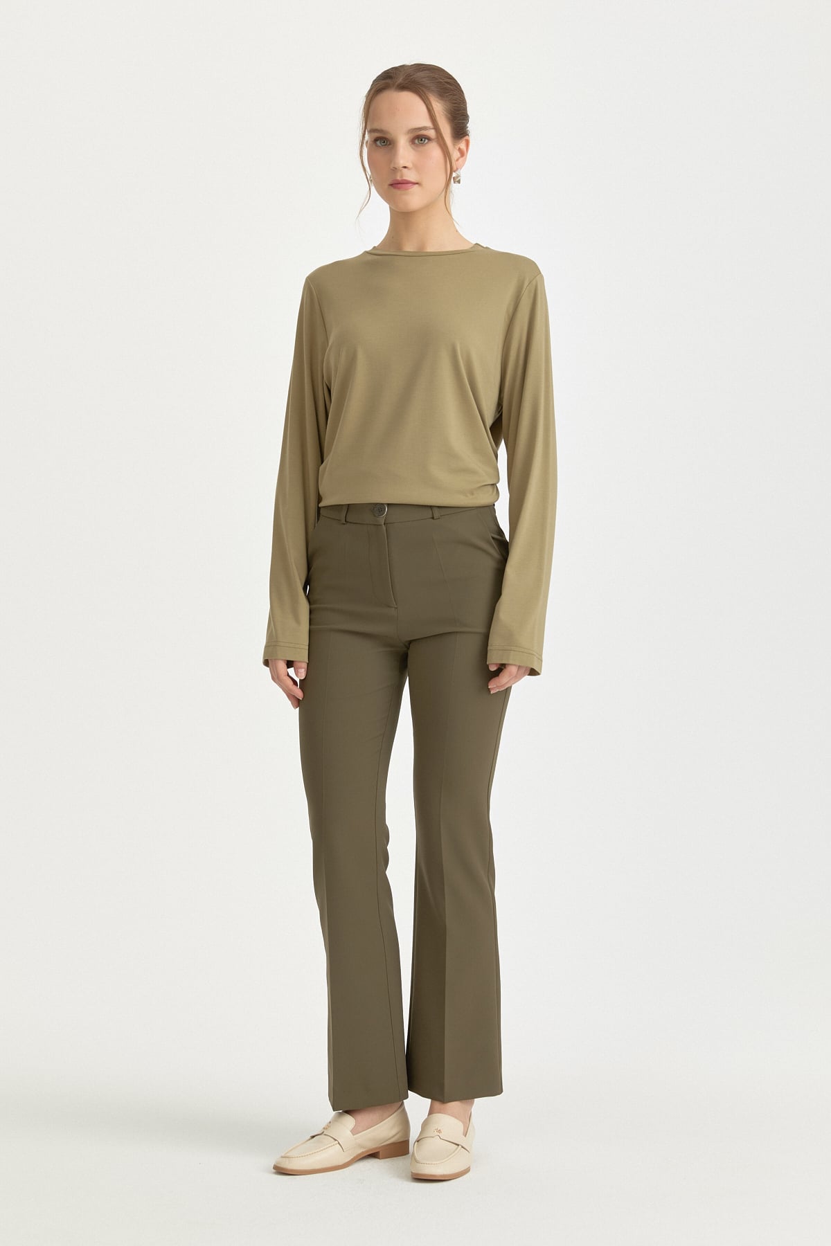 Ütü İzli İspanyol Paça Pantolon  Haki