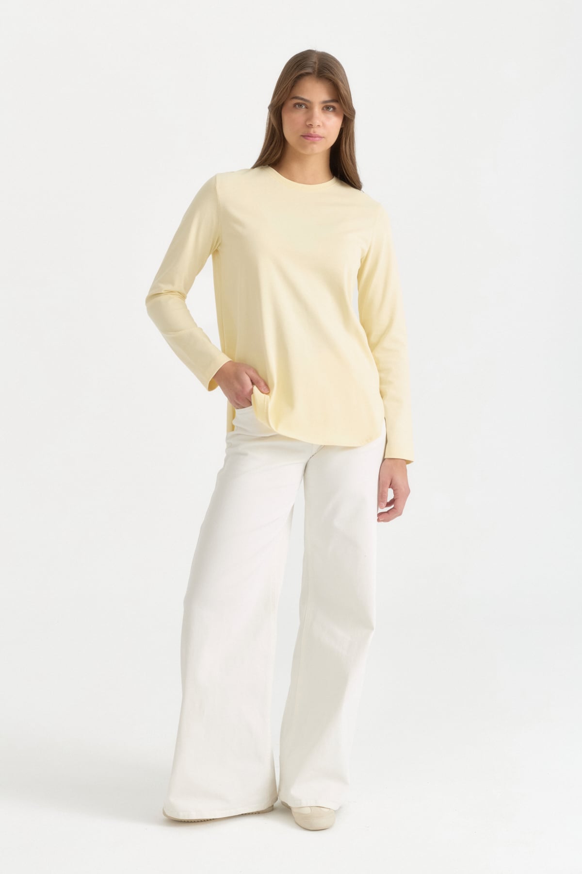 Uzun Kollu Basic Pamuk T-Shirt  Tereyağ Sarısı