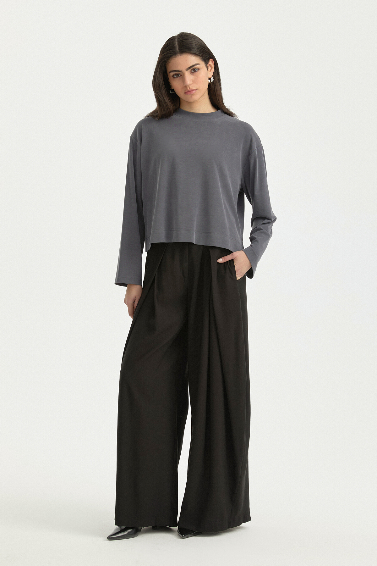Uzun Kollu Crop T-Shirt  İndigo