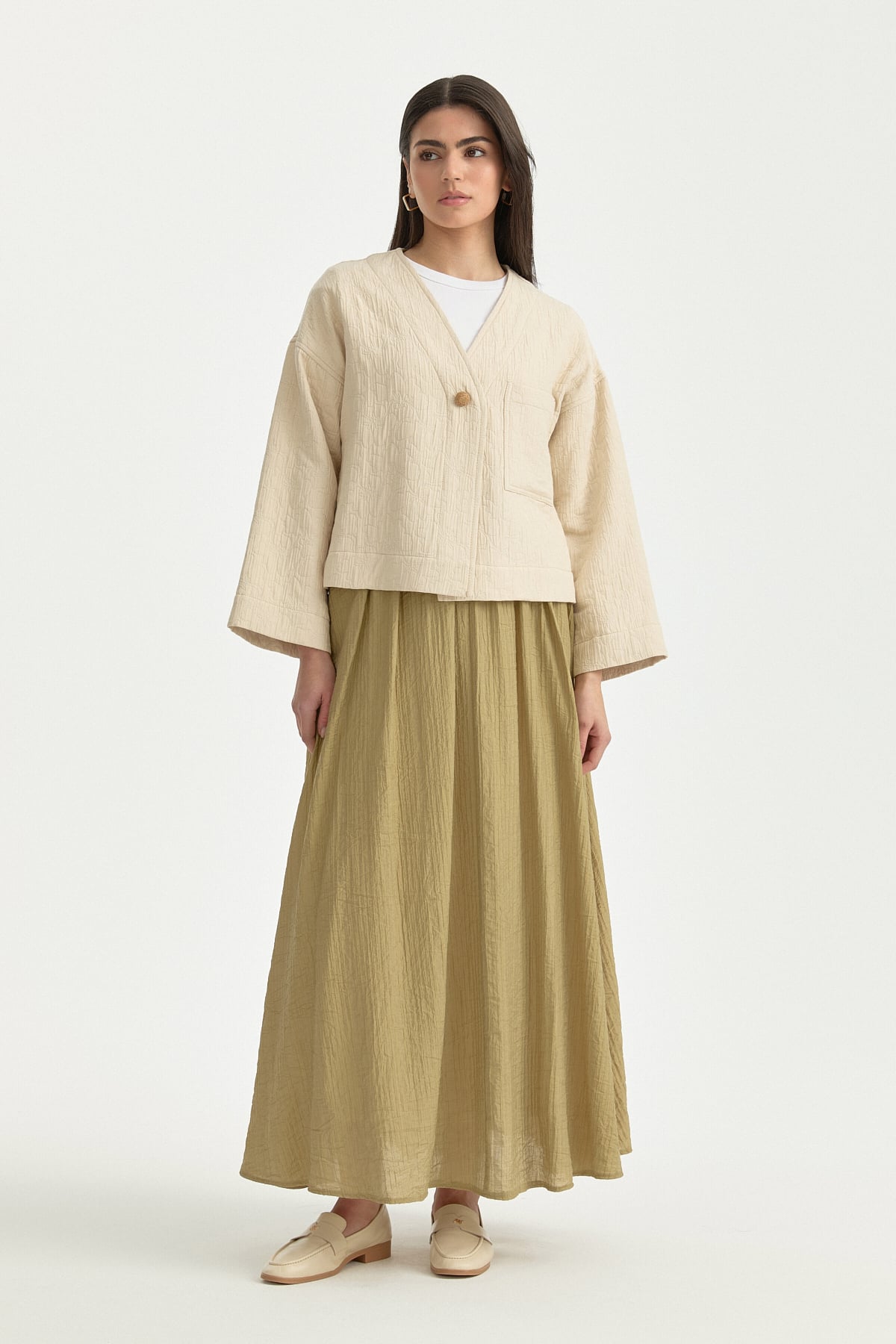 V Yaka İnce Kapitone Ceket  Krem