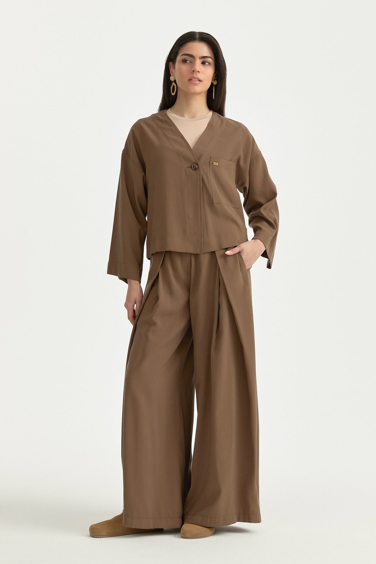 V Yaka Lyocell Ceket  Kahve