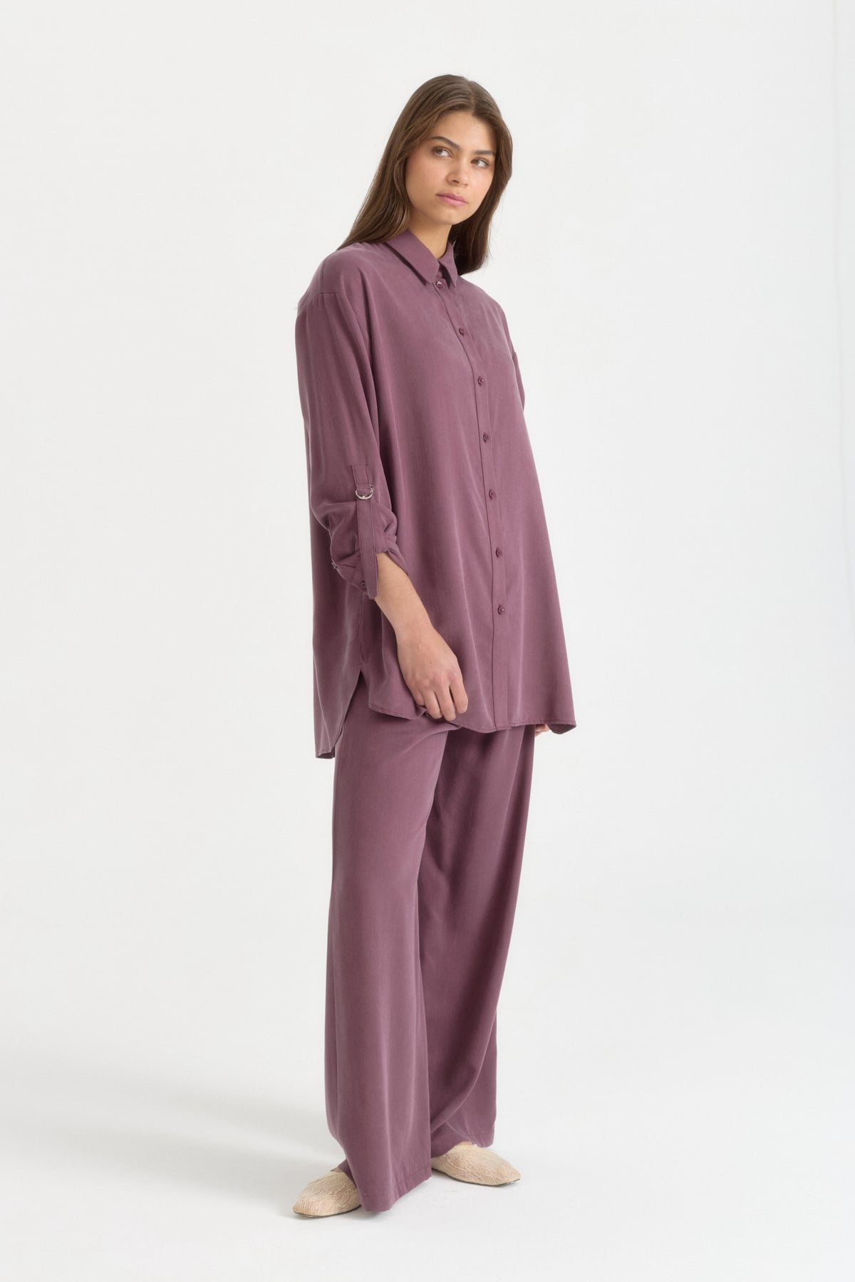Yanları Asimetrik Detaylı Lyocell Pantolon Tunik Takım  Mürdüm