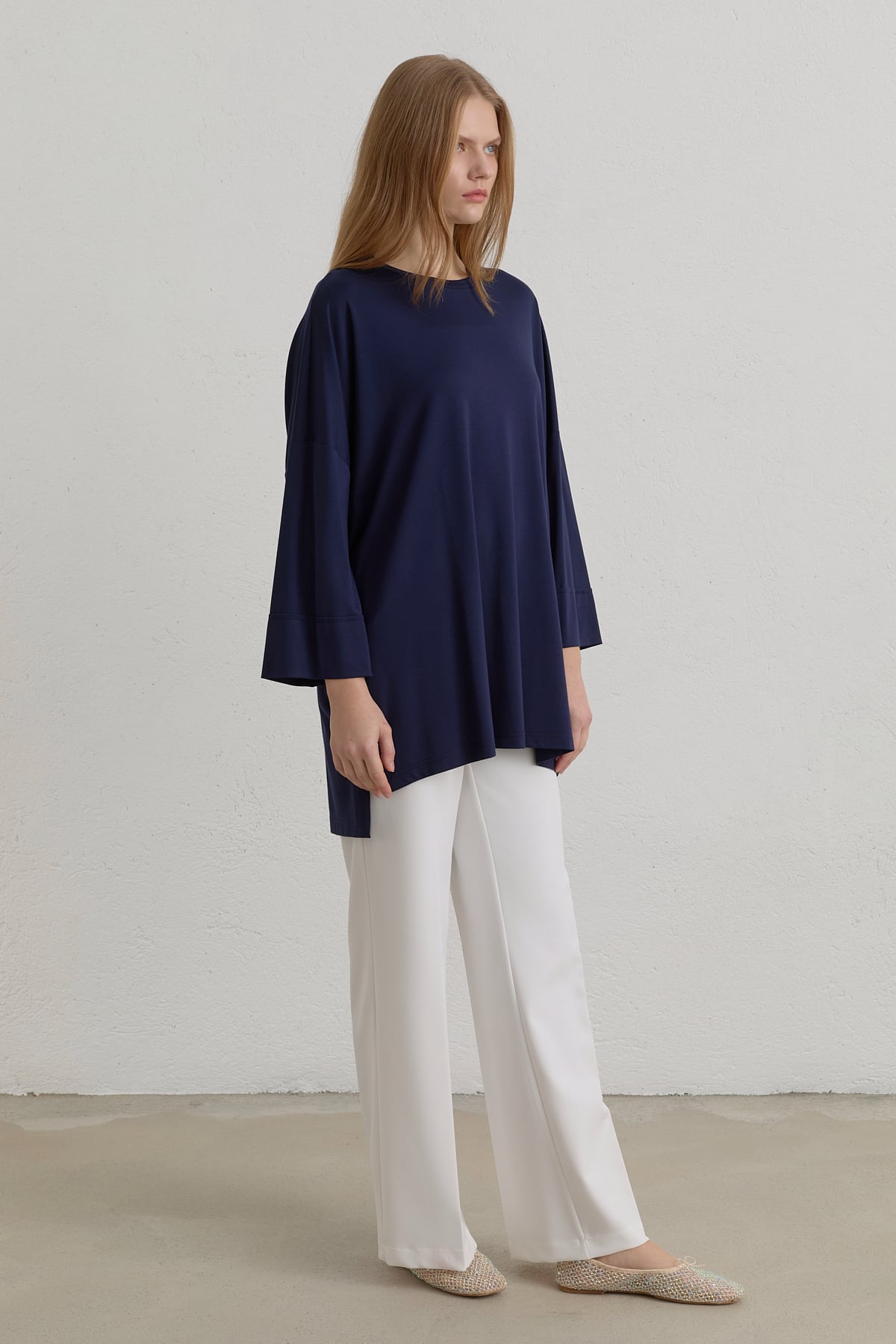 Yanları Yırtmaçlı Oversize Örme Bluz  Lacivert