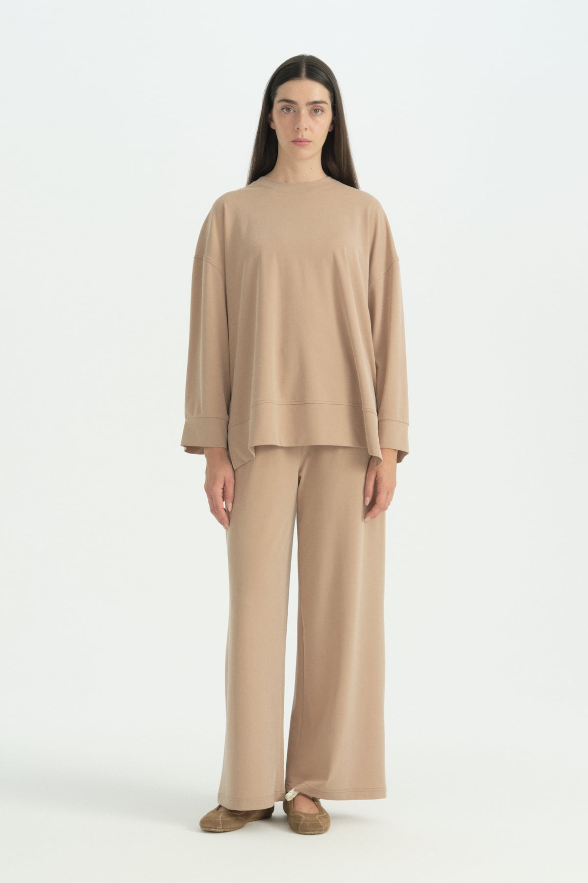 Yanları Yırtmaçlı Pantolon Lyocell Takım  Camel