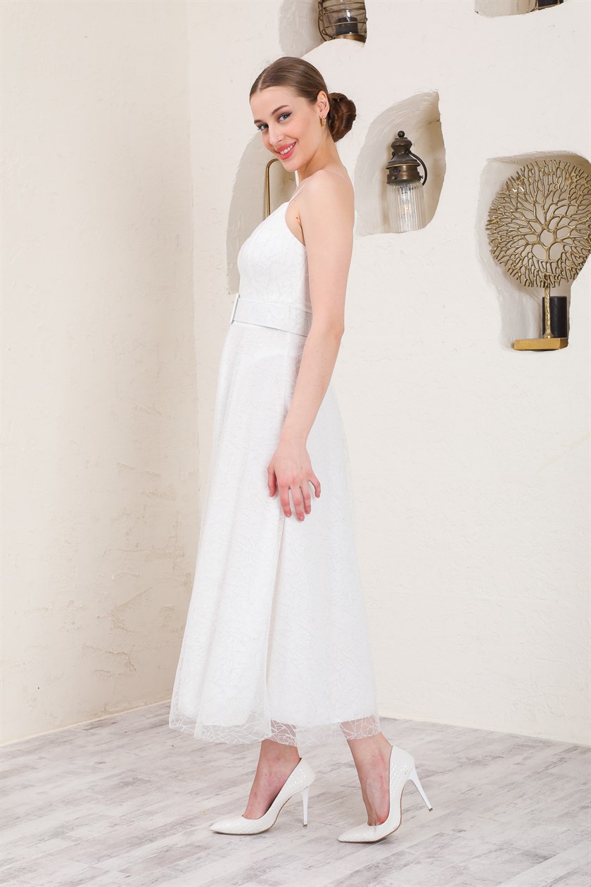 White Glitter Belted Evening Dress