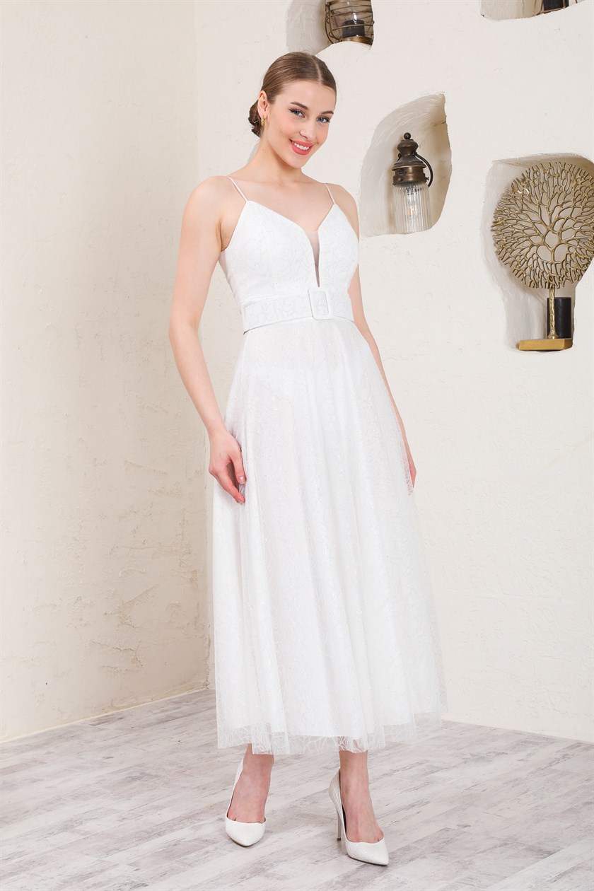 White Glitter Belted Evening Dress