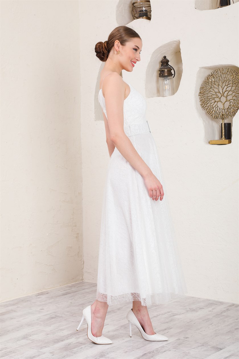 White Glitter Belted Evening Dress
