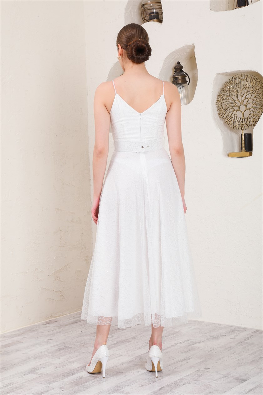 White Glitter Belted Evening Dress