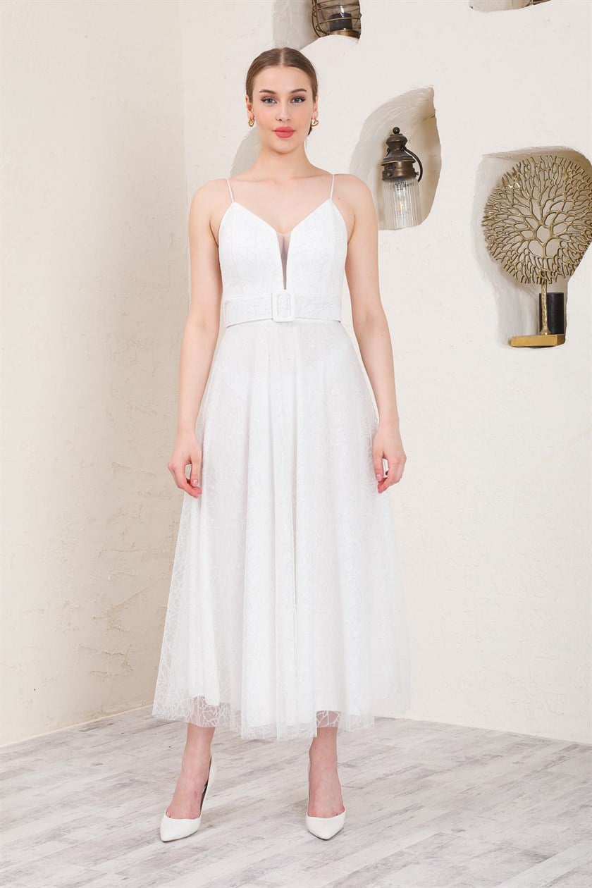 White Glitter Belted Evening Dress