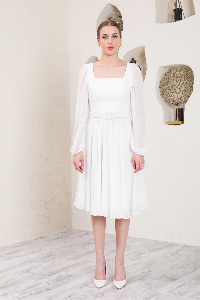 White Square-Neck Chiffon Evening Dress