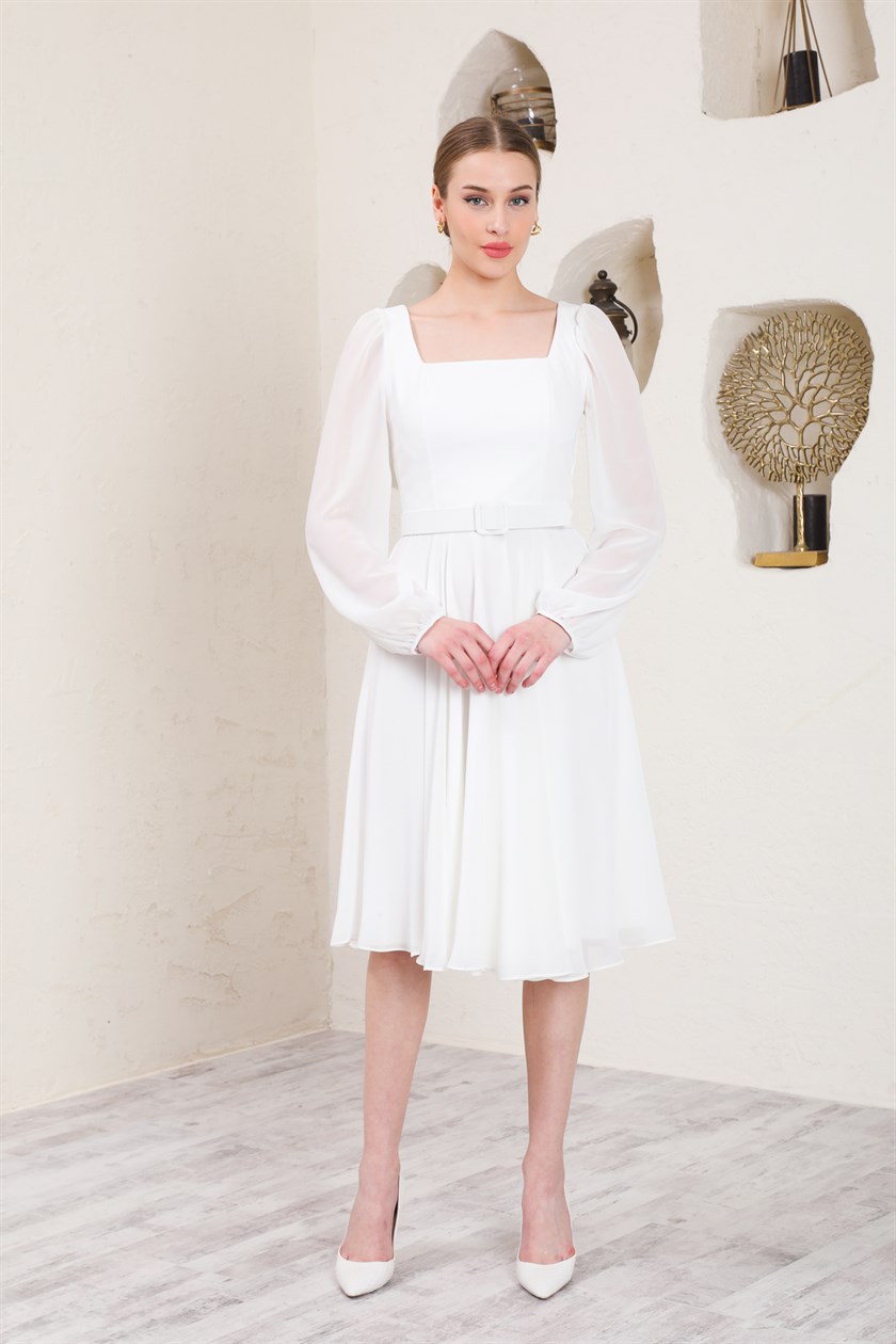 White Square-Neck Chiffon Evening Dress