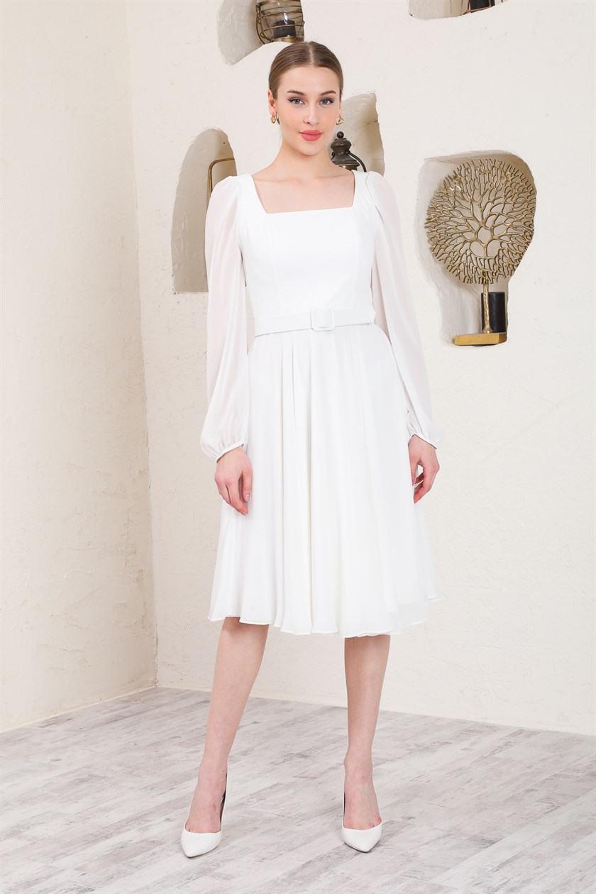 White Square-Neck Chiffon Evening Dress