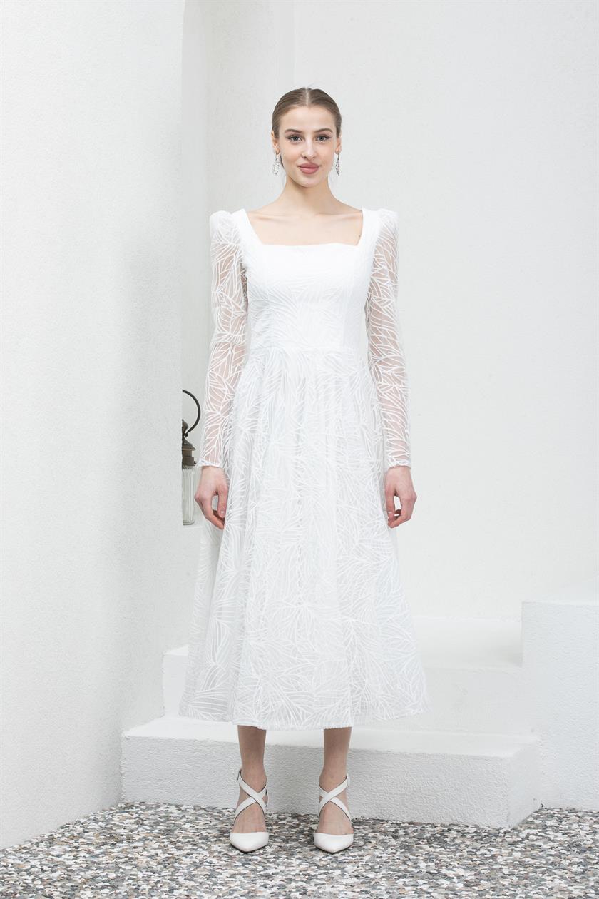 Square Neck White Evening Dress