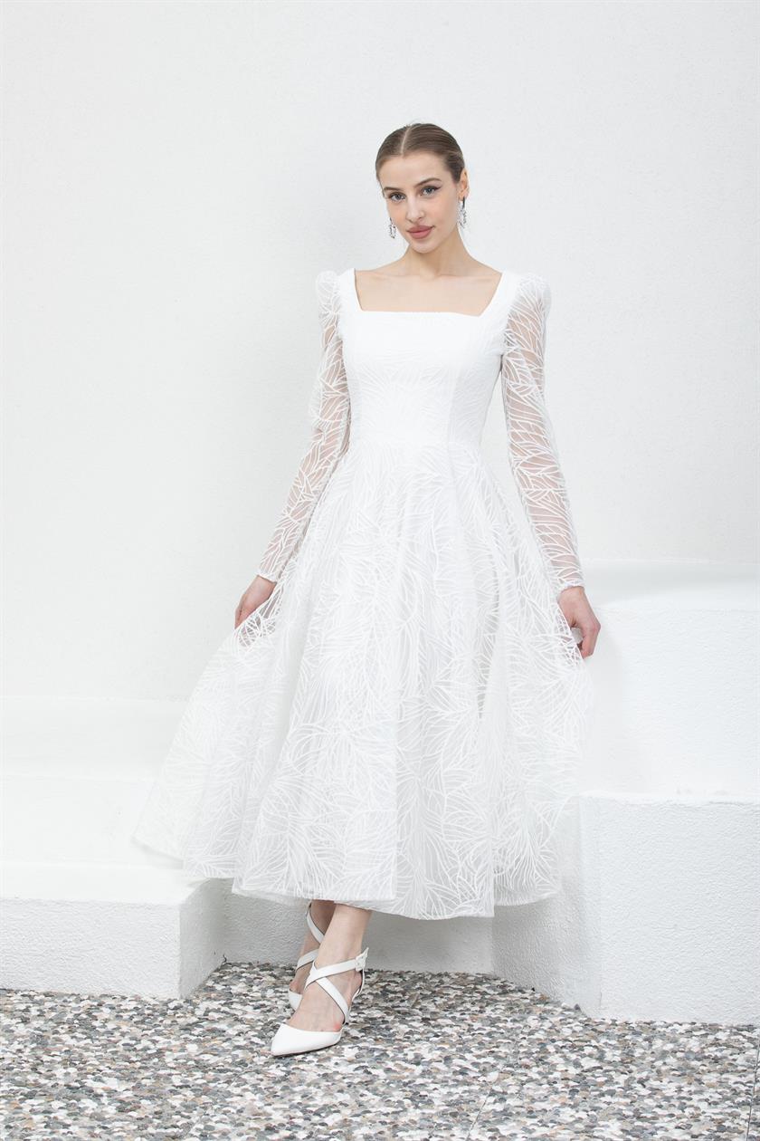 Square Neck White Evening Dress