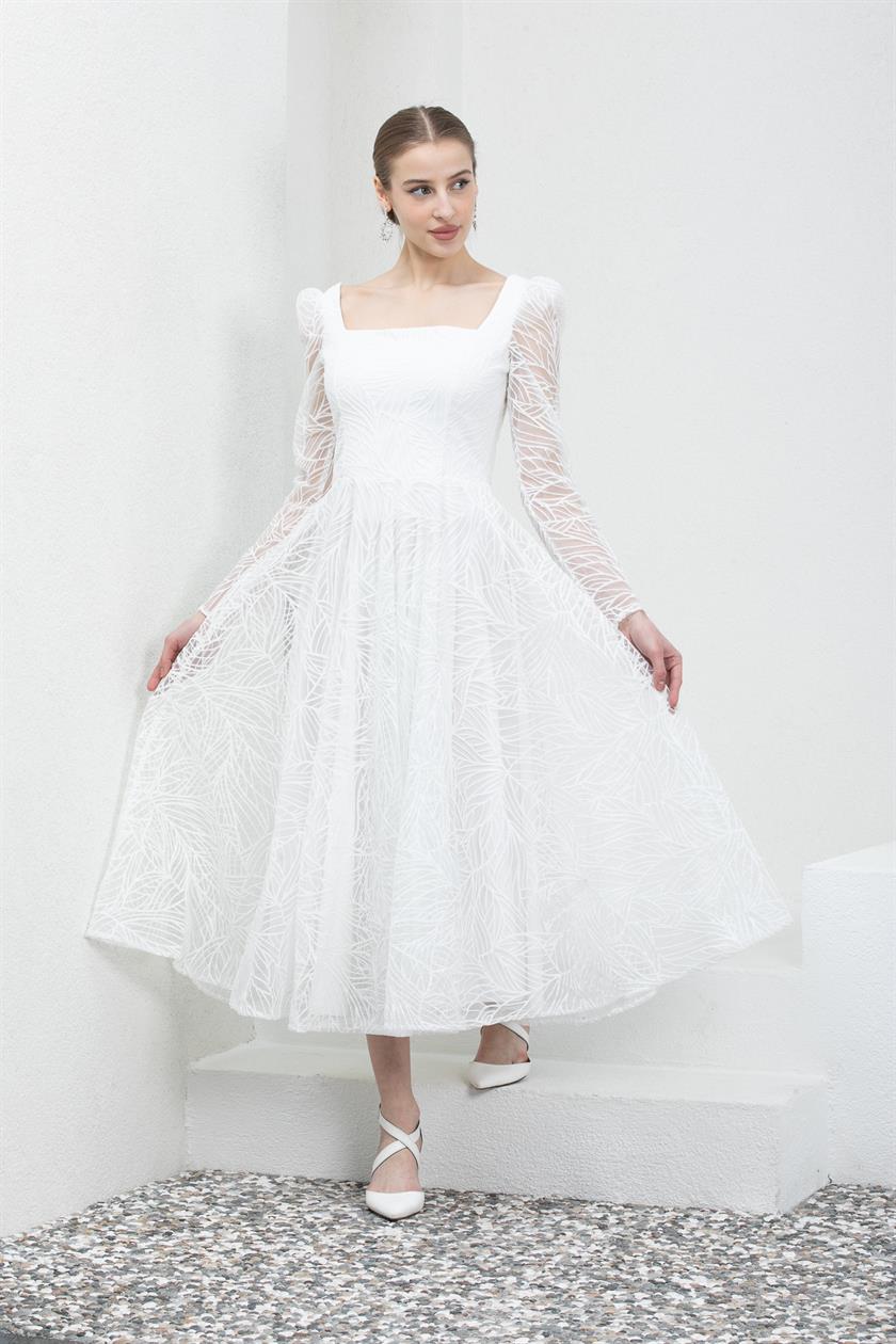 Square Neck White Evening Dress