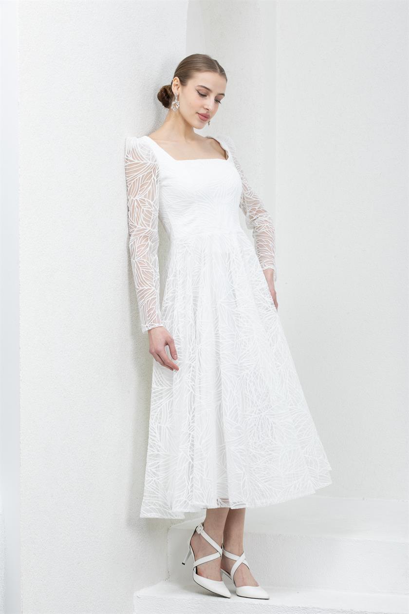 Square Neck White Evening Dress