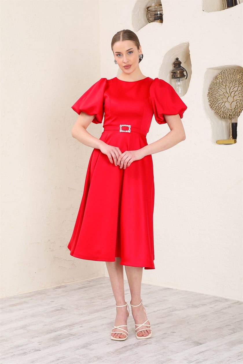 Midi Size Belted Red Satin Evening Dress