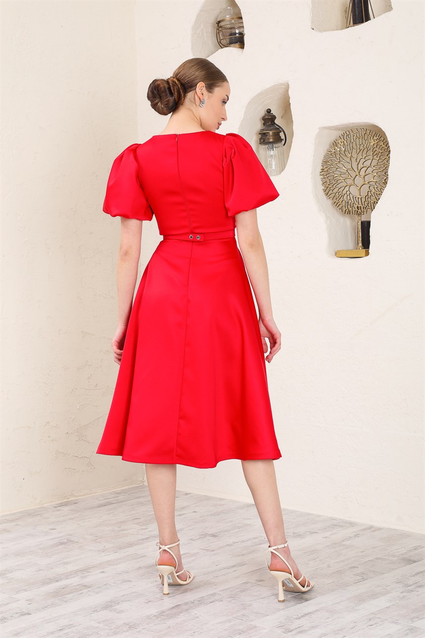 Midi Size Belted Red Satin Evening Dress