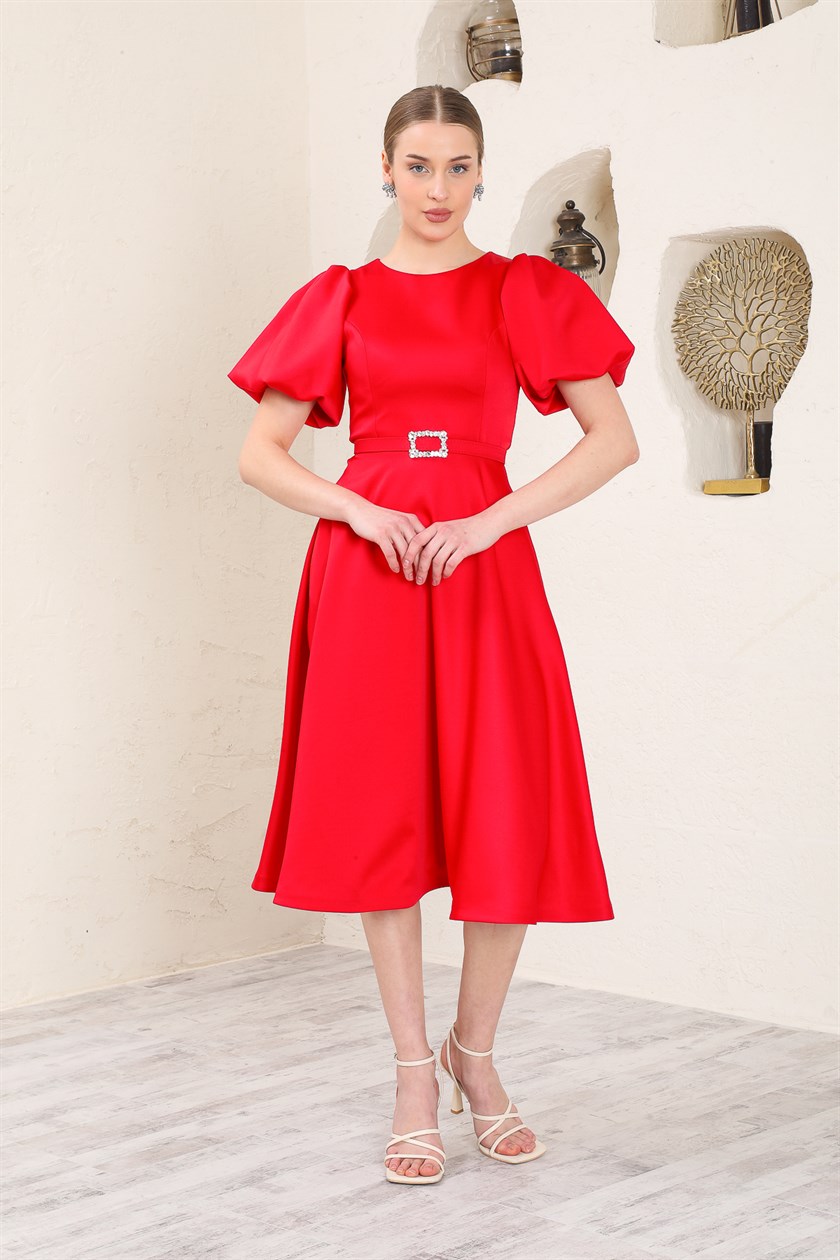 Midi Size Belted Red Satin Evening Dress