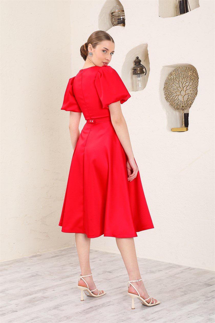 Midi Size Belted Red Satin Evening Dress