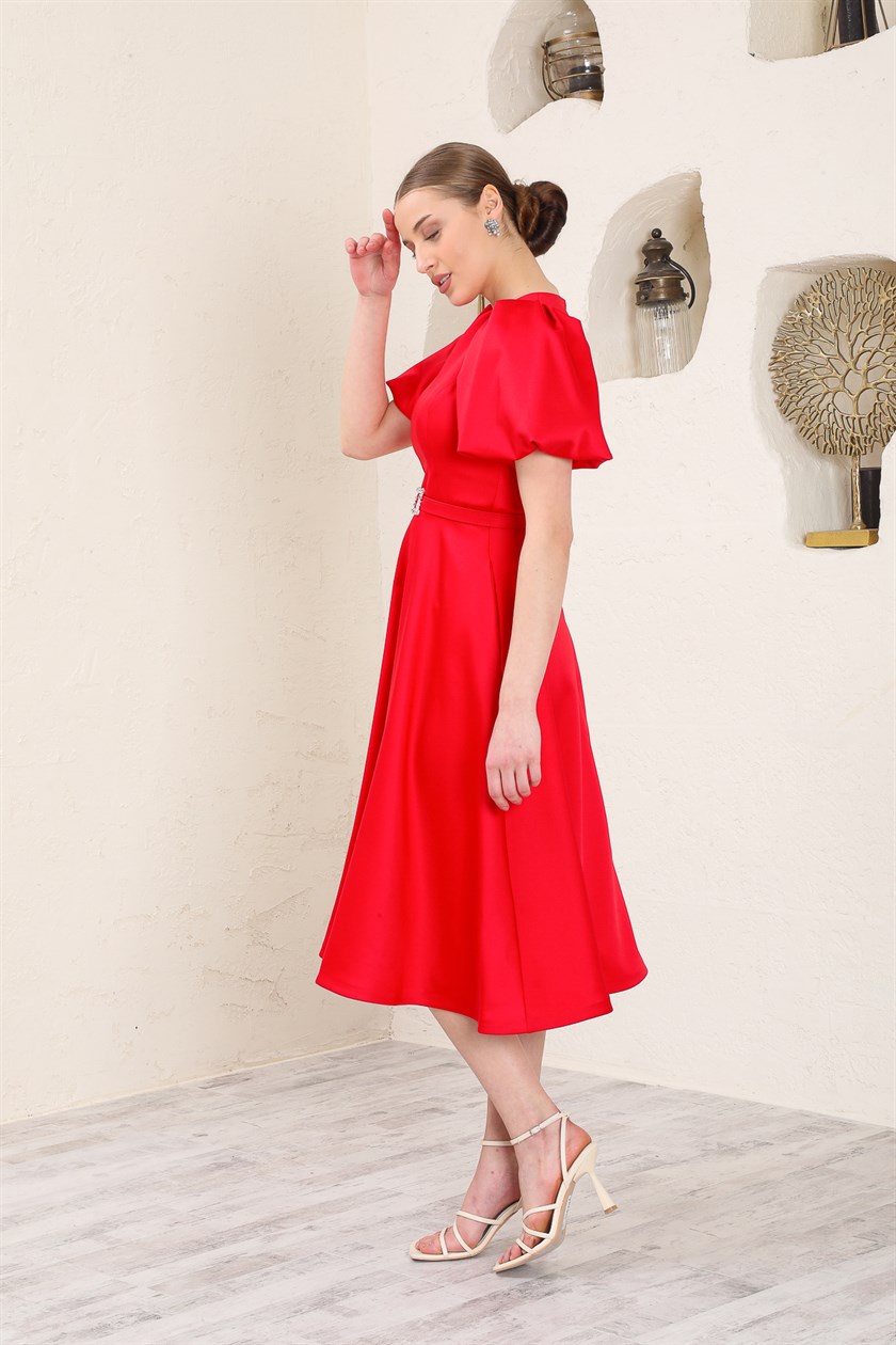 Midi Size Belted Red Satin Evening Dress
