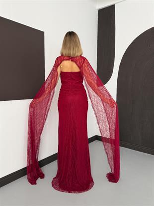 Pelerinli Taşlı Dantelli Kırmızı Abiye